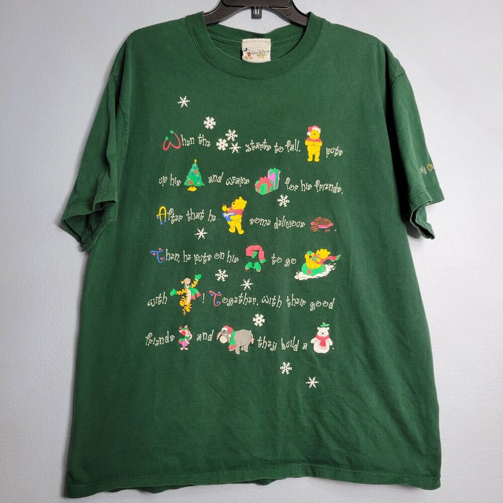 Vintage Y2K Disney Winnie the Pooh Rebus Puzzle Christmas T-Shirt L Green 90s